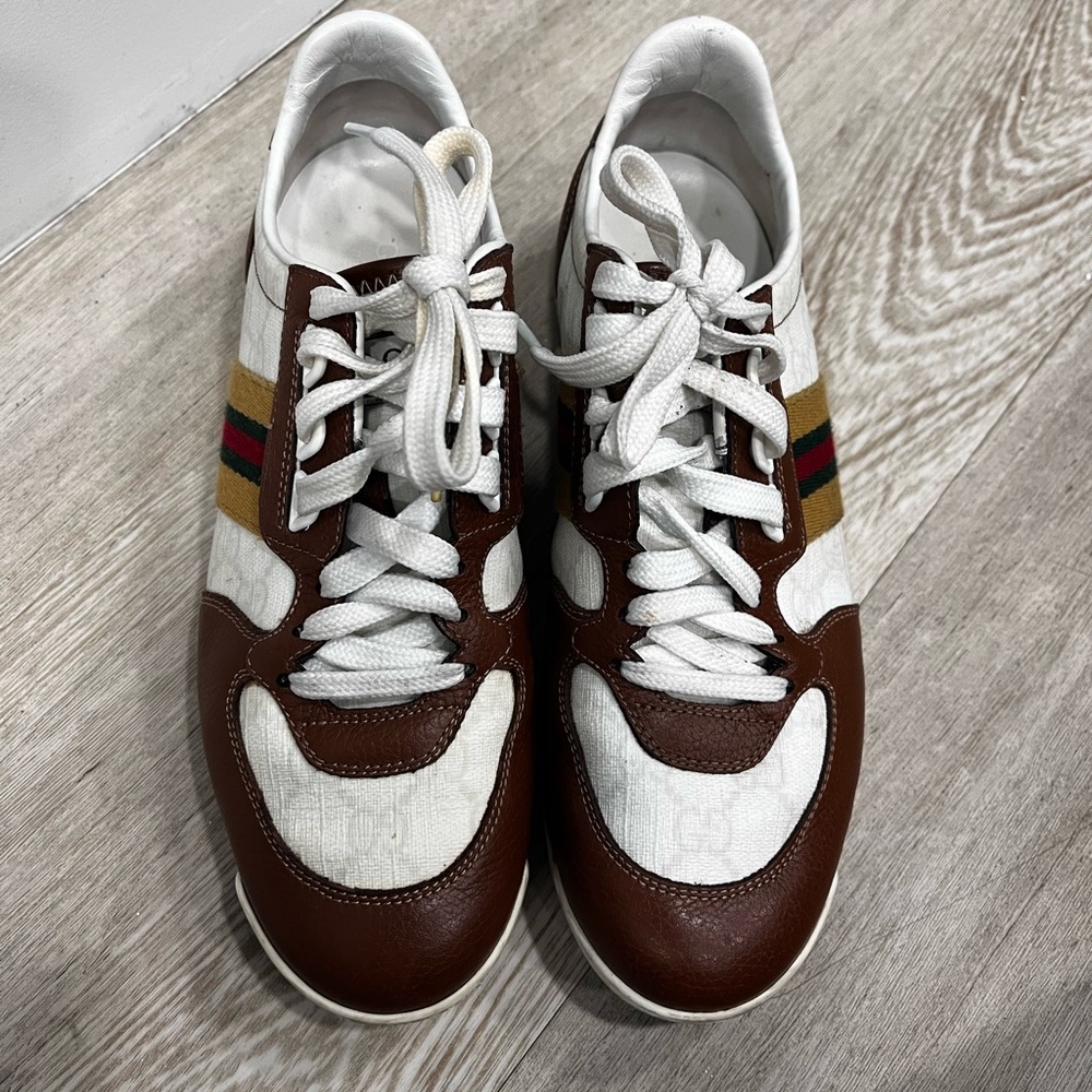 Cream & Brown Gucci sneakers.